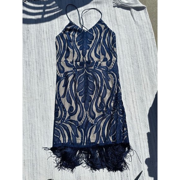 K Jordan Lace Dress Women's Large Navy Blue V-Neck Fringe Hem Spaghetti Strap - Picture 4 of 12